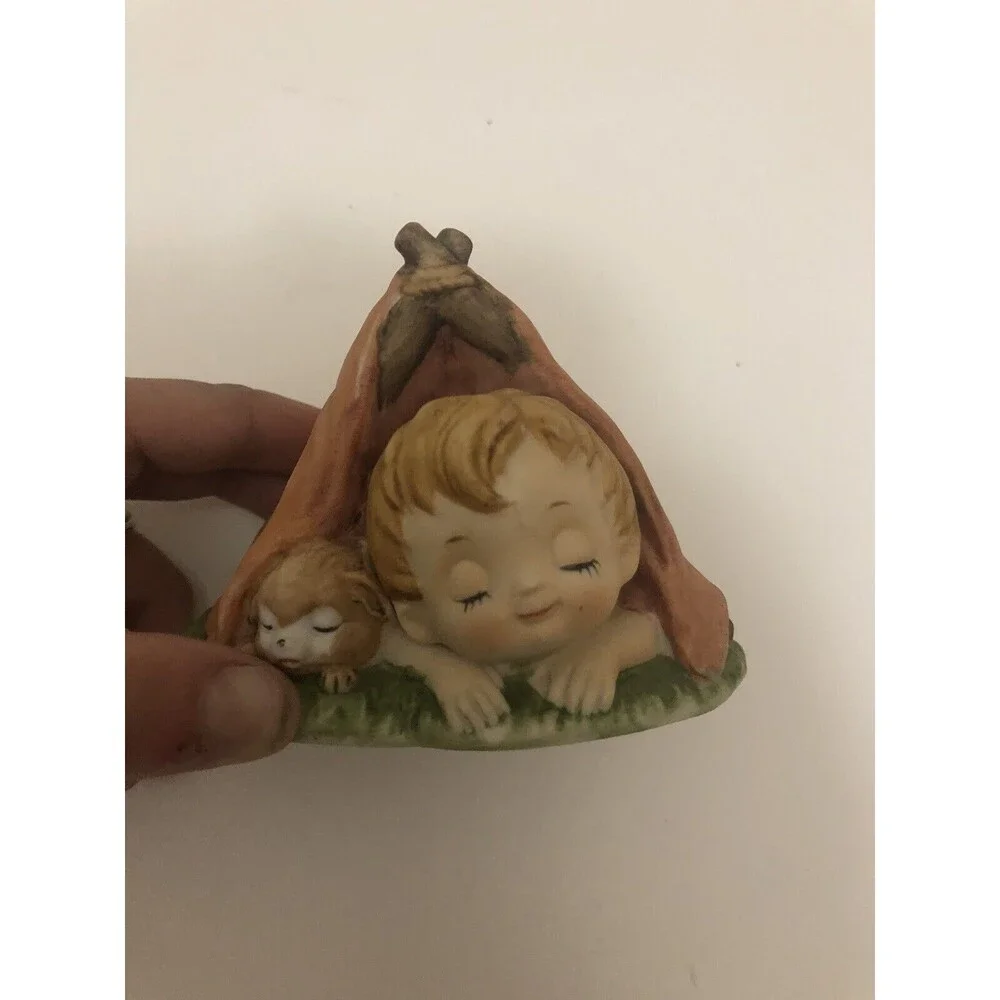 Vintage Boy In a Tent With His Puppy Dog Sleeping Rare Camping Figure